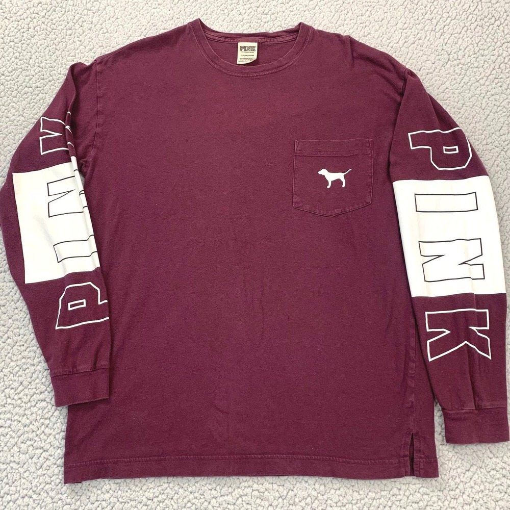 PINK Victoria's Secret T-Shirt Womens Small Maroon Long Sleeve Pocket Graphic - Picture 2 of 9
